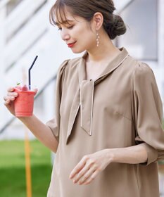 Tiaclasse L 【洗える】配色ボウタイパフ袖チュニックブラウス