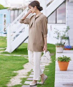 Tiaclasse L 【洗える】配色ボウタイパフ袖チュニックブラウス