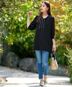 Tiaclasse L 【洗える】配色ボウタイパフ袖チュニックブラウス