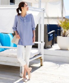 Tiaclasse L 【洗える】配色ボウタイパフ袖チュニックブラウス