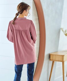 Tiaclasse L 【洗える】配色ボウタイパフ袖チュニックブラウス