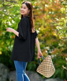 Tiaclasse L 【洗える】配色ボウタイパフ袖チュニックブラウス