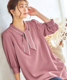 Tiaclasse L 【洗える】配色ボウタイパフ袖チュニックブラウス