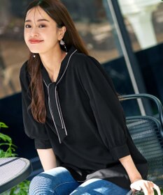 Tiaclasse L 【洗える】配色ボウタイパフ袖チュニックブラウス