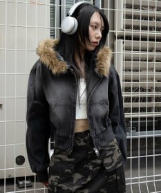 WEGO ファーフードデニムショートブルゾン