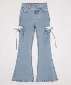 WEGO 【SMサイズ展開/伸びる】カットアウトリボンストレッチフレアデニムパンツ