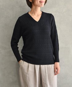 muuc 〈コットン100%強撚糸〉〈通気性が高いドライタッチな素材〉透かし編み 袖口リブ Vネック プルオーバー