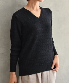 muuc 〈コットン100%強撚糸〉〈通気性が高いドライタッチな素材〉透かし編み 袖口リブ Vネック プルオーバー