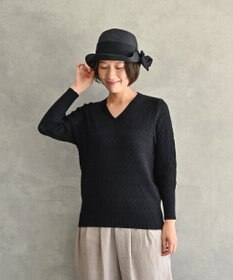 muuc 〈コットン100%強撚糸〉〈通気性が高いドライタッチな素材〉透かし編み 袖口リブ Vネック プルオーバー