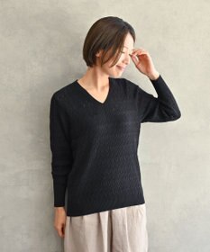 muuc 〈コットン100%強撚糸〉〈通気性が高いドライタッチな素材〉透かし編み 袖口リブ Vネック プルオーバー