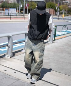 WEGO 【SMLサイズ展開/ウエスト紐】イージー3Dバレルレッグデニムカーゴパンツ