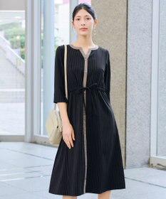 Tiaclasse L 【新色追加・洗える】配色キーネックストライプワンピース
