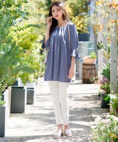 Tiaclasse L 【洗える】リボン付きタックスリーブチュニックブラウス