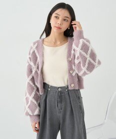 earth music&ecology シャギーダイヤ柄ショートニットカーディガン