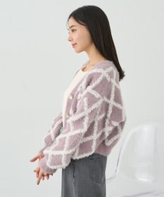 earth music&ecology シャギーダイヤ柄ショートニットカーディガン