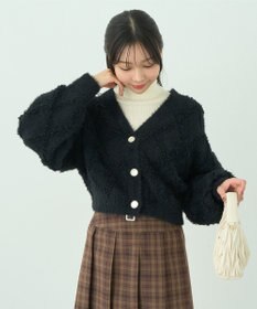 earth music&ecology シャギーダイヤ柄ショートニットカーディガン