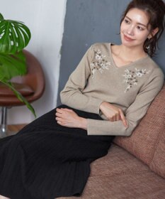 Tiaclasse 【洗える】刺繍リブニットトップス