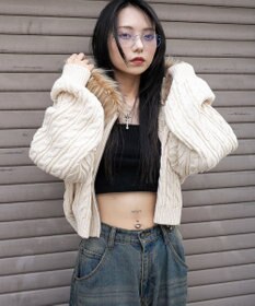 WEGO フェイクファー付きケーブルニットパーカー