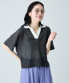 ANY ラミータッチバイカラーポロ衿スキッパーニット