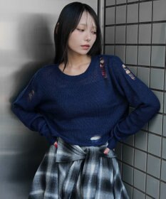 WEGO モヘアタッチダメージショートニット