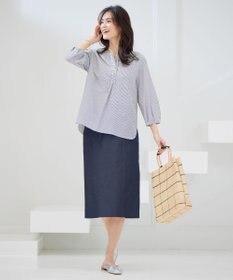 J.PRESS LADIES 【洗える】コットンアセVis ストライプ ギャザー ブラウス