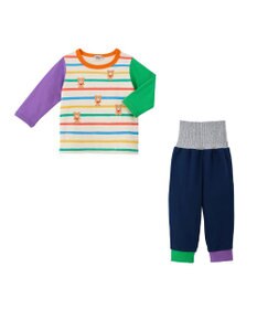 MIKI HOUSE HOT BISCUITS 【80-120cm】 ボーダー柄 ミニ裏毛パイル素材 腹巻き付き長袖パジャマ