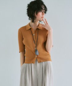 23区 ワイドリブ 五分袖 ポロニット キャメル系