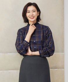 J.PRESS LADIES 【洗える】綿セルロースクリアチェック スタンドカラー ブラウス