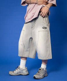 WEGO 【ユニセックス着用ITEM】ダブルニーロゴデニムショーツ