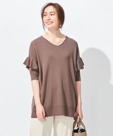 自由区 L 【洗える】ハイツイストコットンアセテート フリルデザインニット