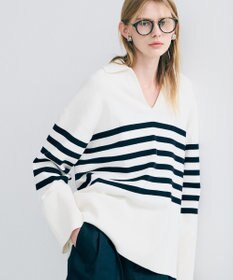 uncrave スウェットライクニット スキッパートップス オフ×ネイビーボーダー