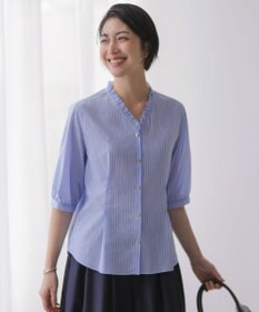 J.PRESS LADIES 【一枚で着映え】シルフィーローン ストライプ フリル シャツブラウス サックス系