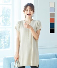 Tiaclasse L 【洗える】さらりと肌離れの良いフレンチスリーブニットチュニック