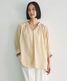 UNFILO ストライプレース ギャザーブラウス