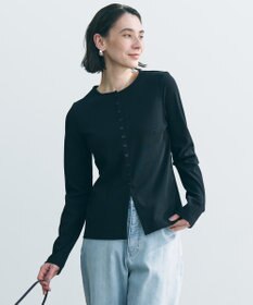 UNFILO ドライタッチリブ カーディガン ネイビー×パールボタン