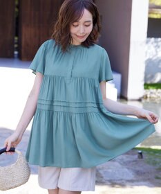 Tiaclasse 【洗える】バンドカラーティアードシャツチュニックブラウス