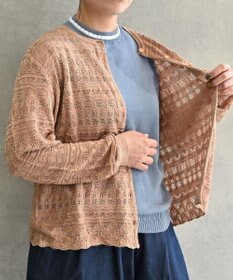 muuc 〈高品質シルク100%〉〈通年着られる〉透かしレース編み 袖リブあり シェルボタン使用 カーディガン