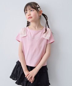 ANY KIDS 【綿100%】肩リボン×ラインストーンロゴ 半袖Tシャツ