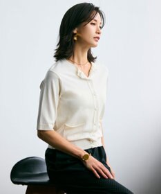 BEIGE， 【洗える】VALOIS / ジョーゼットトリム半袖カーディガン