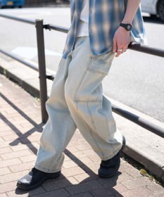 WEGO 【SMLサイズ展開/ウエスト紐】イージー3Dバレルレッグデニムカーゴパンツ