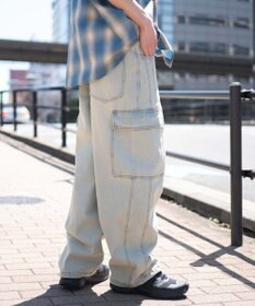 WEGO 【SMLサイズ展開/ウエスト紐】イージー3Dバレルレッグデニムカーゴパンツ