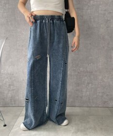 WEGO 【ウエストゴム】ヴィンテージウォッシュスウェットワイドパンツ