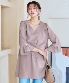 Tiaclasse 【洗える】タックフレアパール付き袖チュニックブラウス
