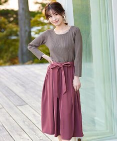 Tiaclasse L 【洗える】異素材を組み合わせたミモレ丈リブコンビワンピース