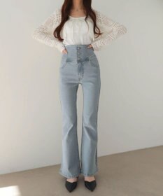 WEGO 【ストレッチ/美脚/脚長シルエット/XSSMサイズ展開】ハイウエストストレッチフレアデニムパンツ