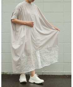 muuc キャッチ裾切り替えフレンチスリーブワンピース〈前開きで羽織にも〉〈日本製〉〈上品な透け感〉〈体型カバー・フリーサイズ〉〈モードな異素材・コットンローン使用〉