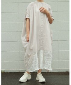 muuc キャッチ裾切り替えフレンチスリーブワンピース〈前開きで羽織にも〉〈日本製〉〈上品な透け感〉〈体型カバー・フリーサイズ〉〈モードな異素材・コットンローン使用〉