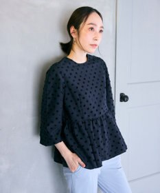 #Newans 【洗濯機可】ジャガ―ドドットペプラムブラウス ネイビー