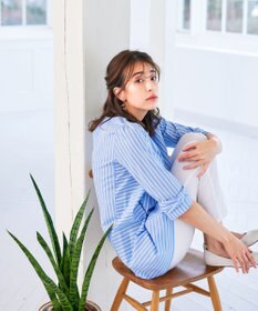 Tiaclasse L 【洗える】リボンスリーブストライプチュニックブラウス