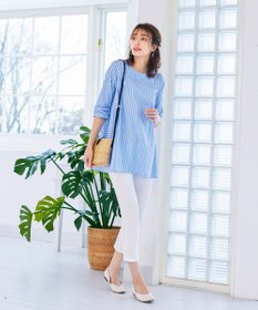 Tiaclasse L 【洗える】リボンスリーブストライプチュニックブラウス